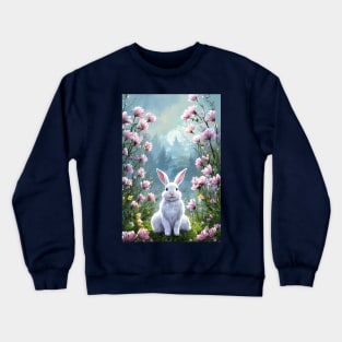 Fluffy white bunny rabbit in the woods with pink flowers Crewneck Sweatshirt